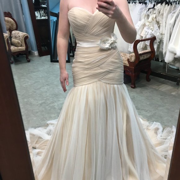 Sample Champagne Asymmetrical Ruched Fit & Flare Wedding Dress, Corset Laceup - Picture 9 of 12